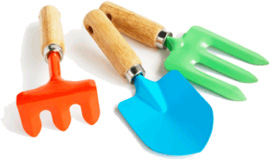 3 garden tools in different colours symbolising the 3 ingredients of innovation  that Anatellô brings together for you - an innovation climate, innovation methodologies and knowledge 