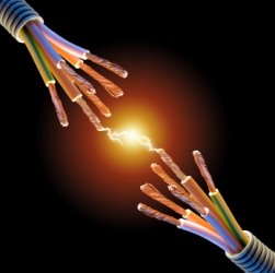 Electrical cables with a spark between them sumbolising connection making